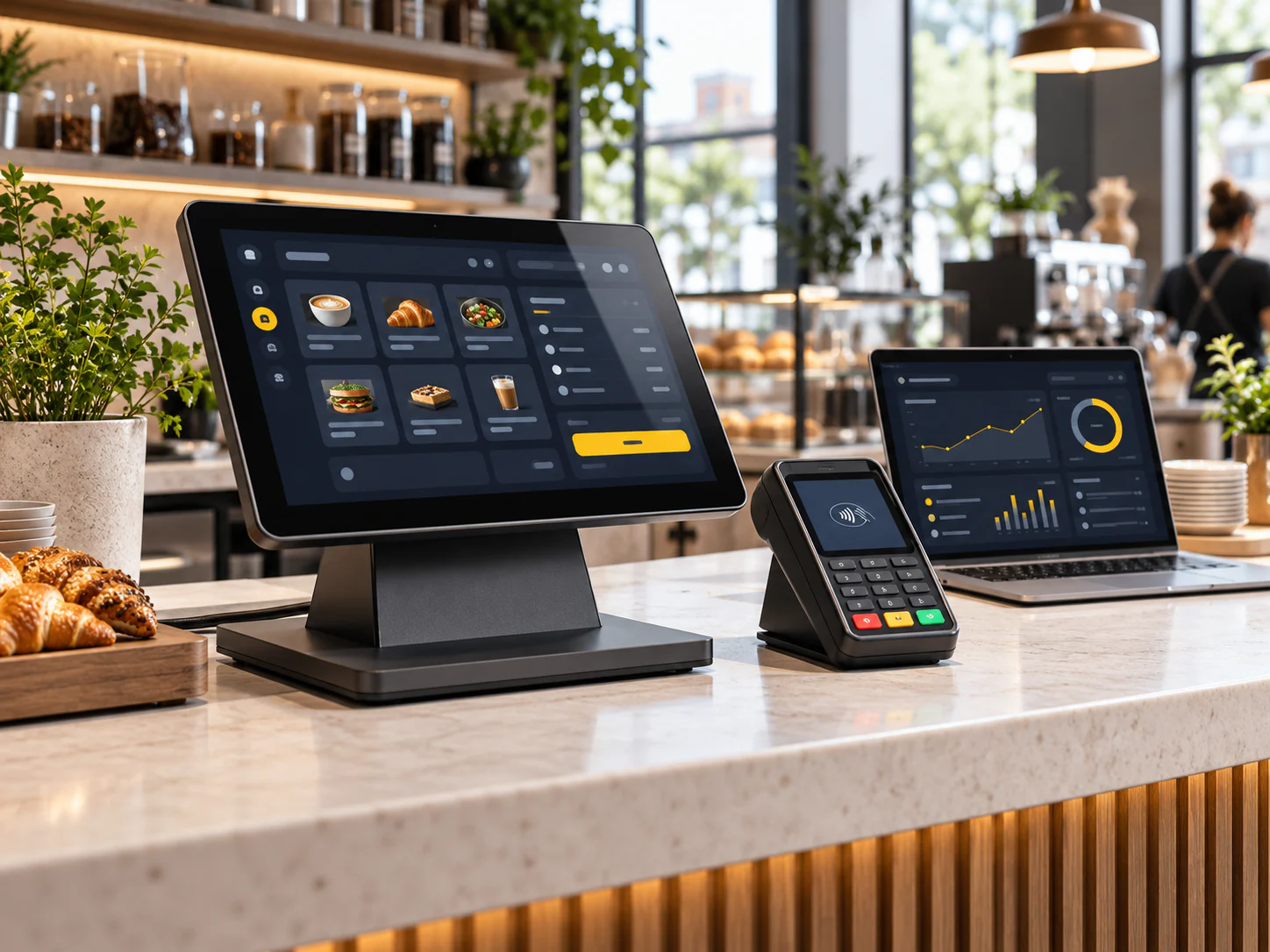 Connected QEPOS touchscreen, DNA Payments card terminal and payment analytics dashboard