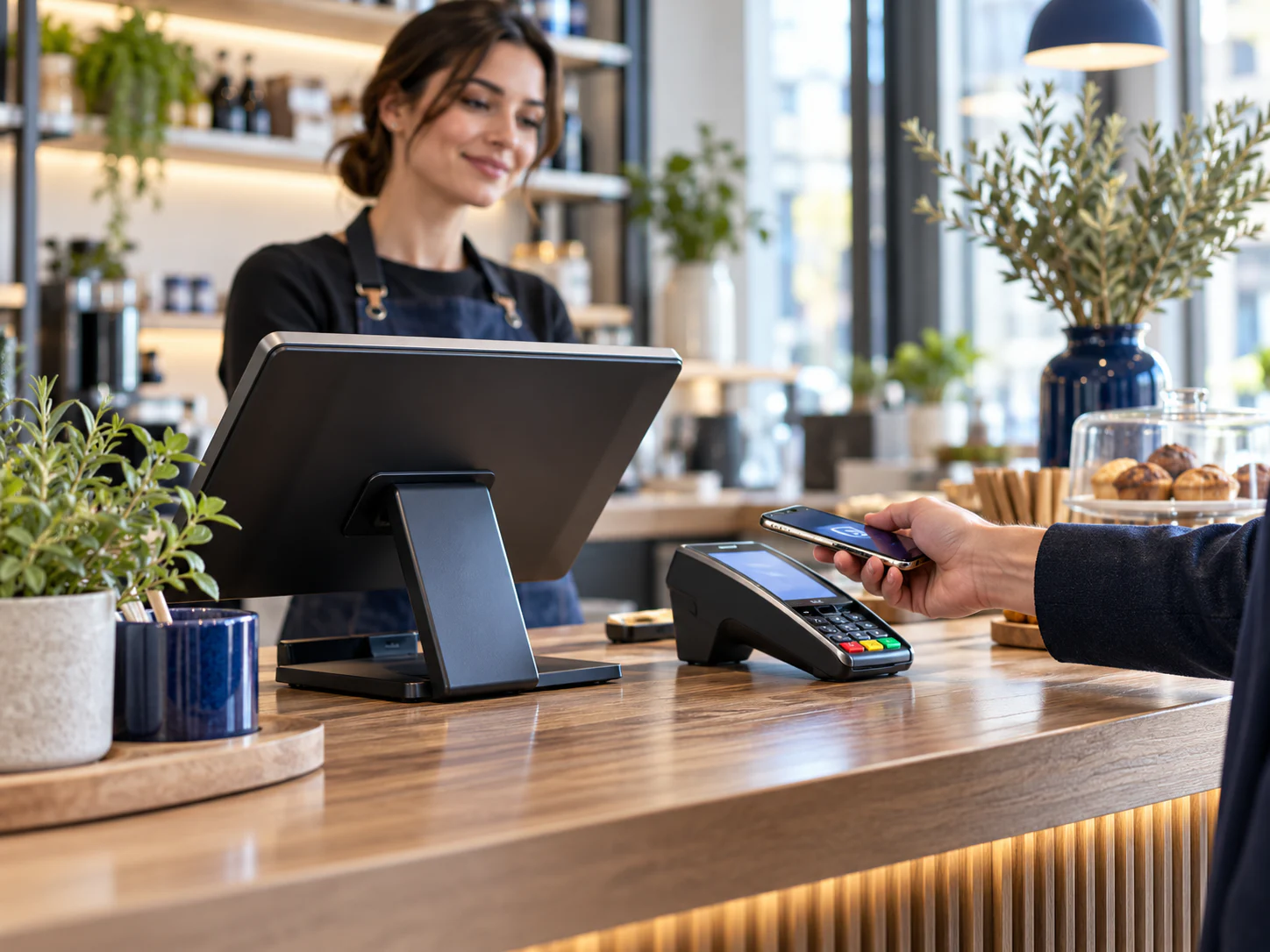Customer making a contactless payment beside a modern EPOS touchscreen and card terminal