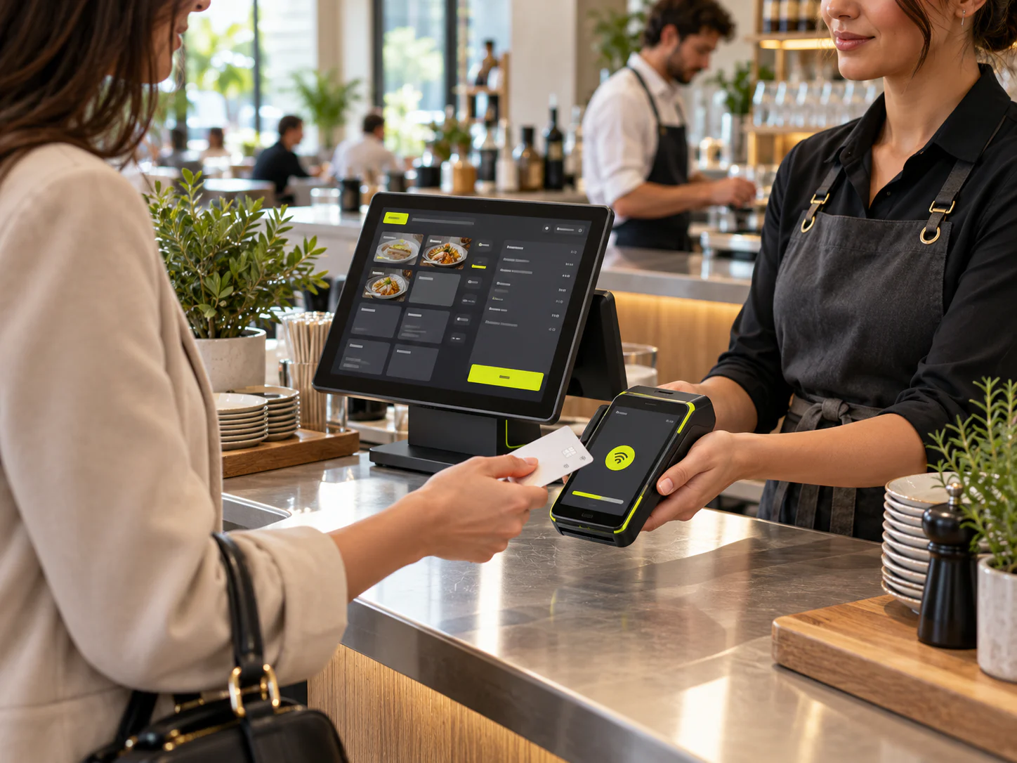 Customer completing a card payment on a smart terminal beside a connected EPOS touchscreen