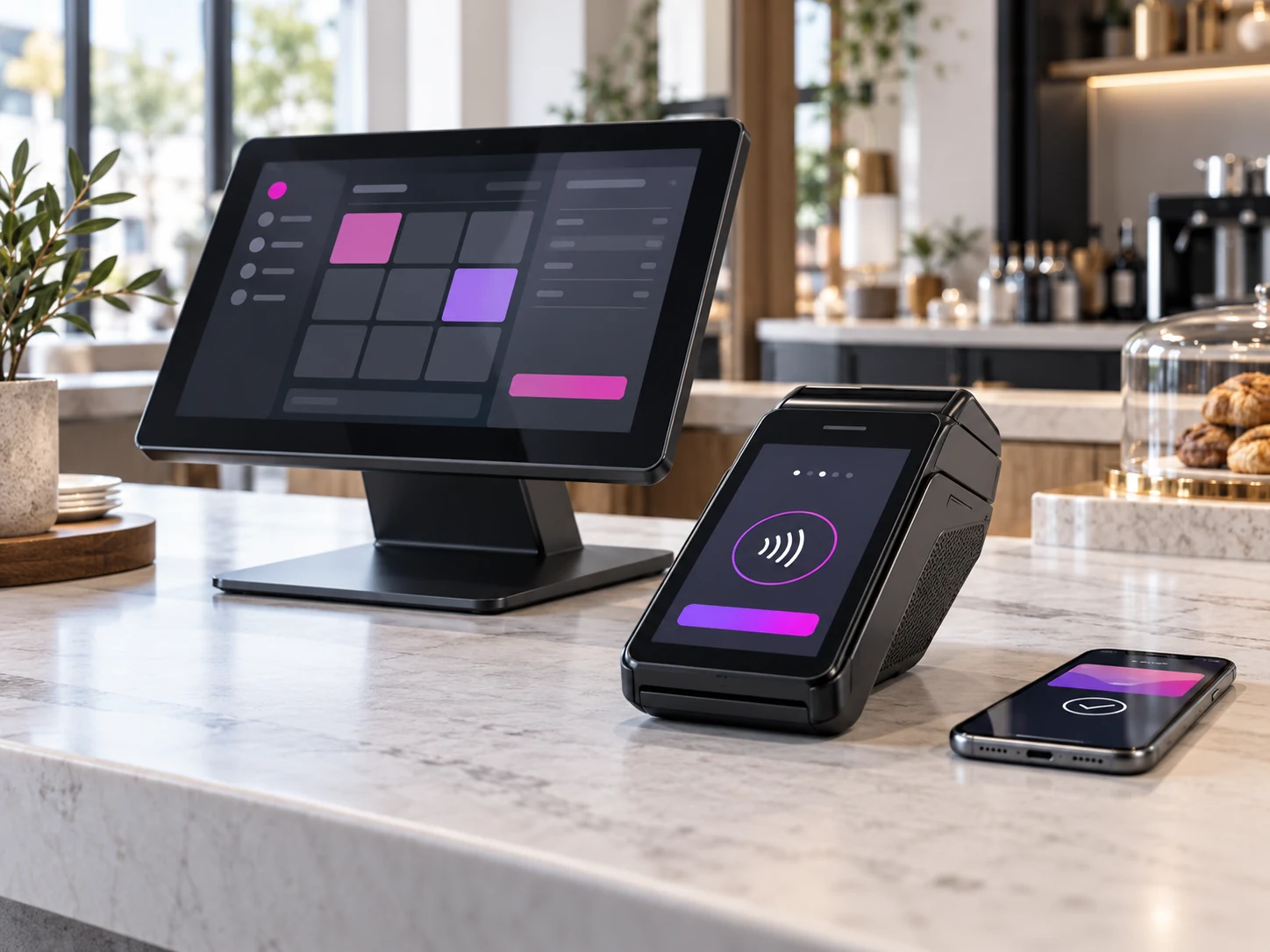 EPOS touchscreen, mobile payment terminal and smartphone representing connected Verofy payment services