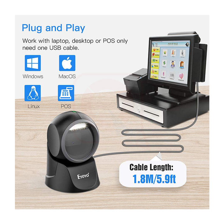 Eyoyo Barcode Scanner, QR 2D Hands-Free Omnidirectional Automatic Sensing Scanning USB Desktop Barcode Scanner, Wired Bar Code Reader Screen Scanning For POS PC Supermarket Library Retail Bookstore